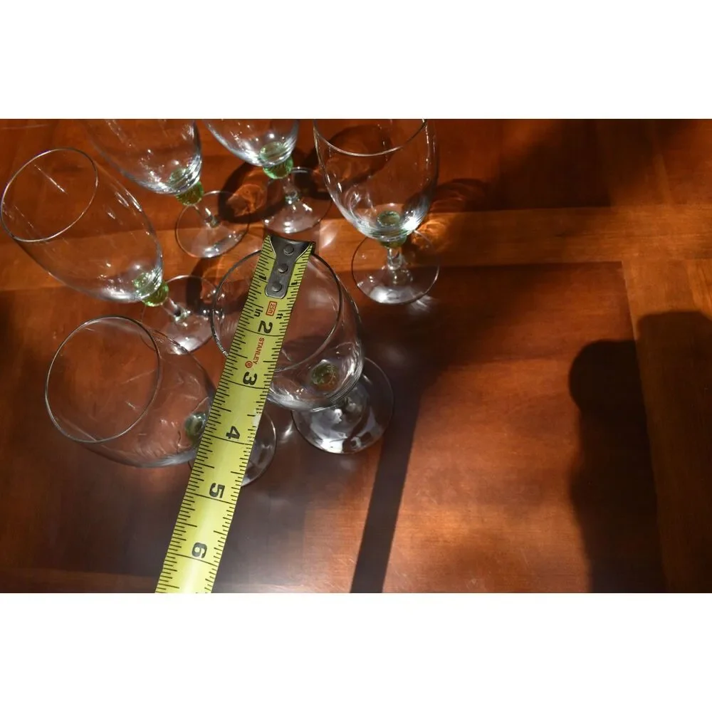 Set of 6 Vintage Green Spiral Ball Stem Wine Goblets Hand Blown Clear Bowl 7.5in